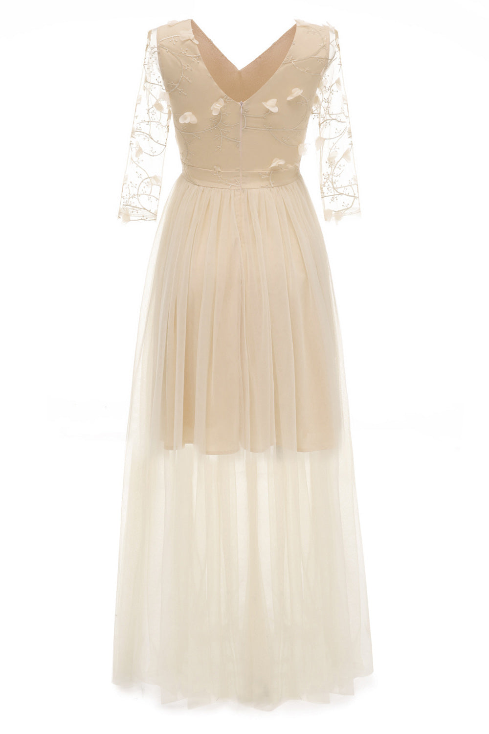 Floral Appliqué Tulle V-Neck Sheer Sleeve A-Line Gown