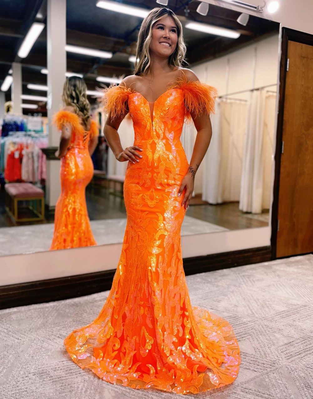 Gorgeous Mermaid Feather Off The Shoulder Prom Dress - Fashionpara