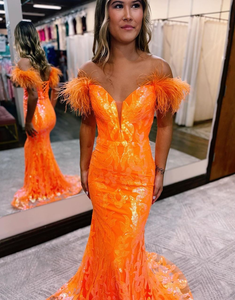 Gorgeous Mermaid Feather Off The Shoulder Prom Dress - Fashionpara