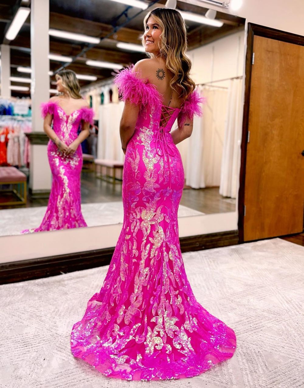 Gorgeous Mermaid Feather Off The Shoulder Prom Dress - Fashionpara