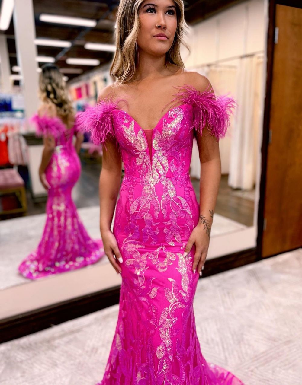 Gorgeous Mermaid Feather Off The Shoulder Prom Dress - Fashionpara