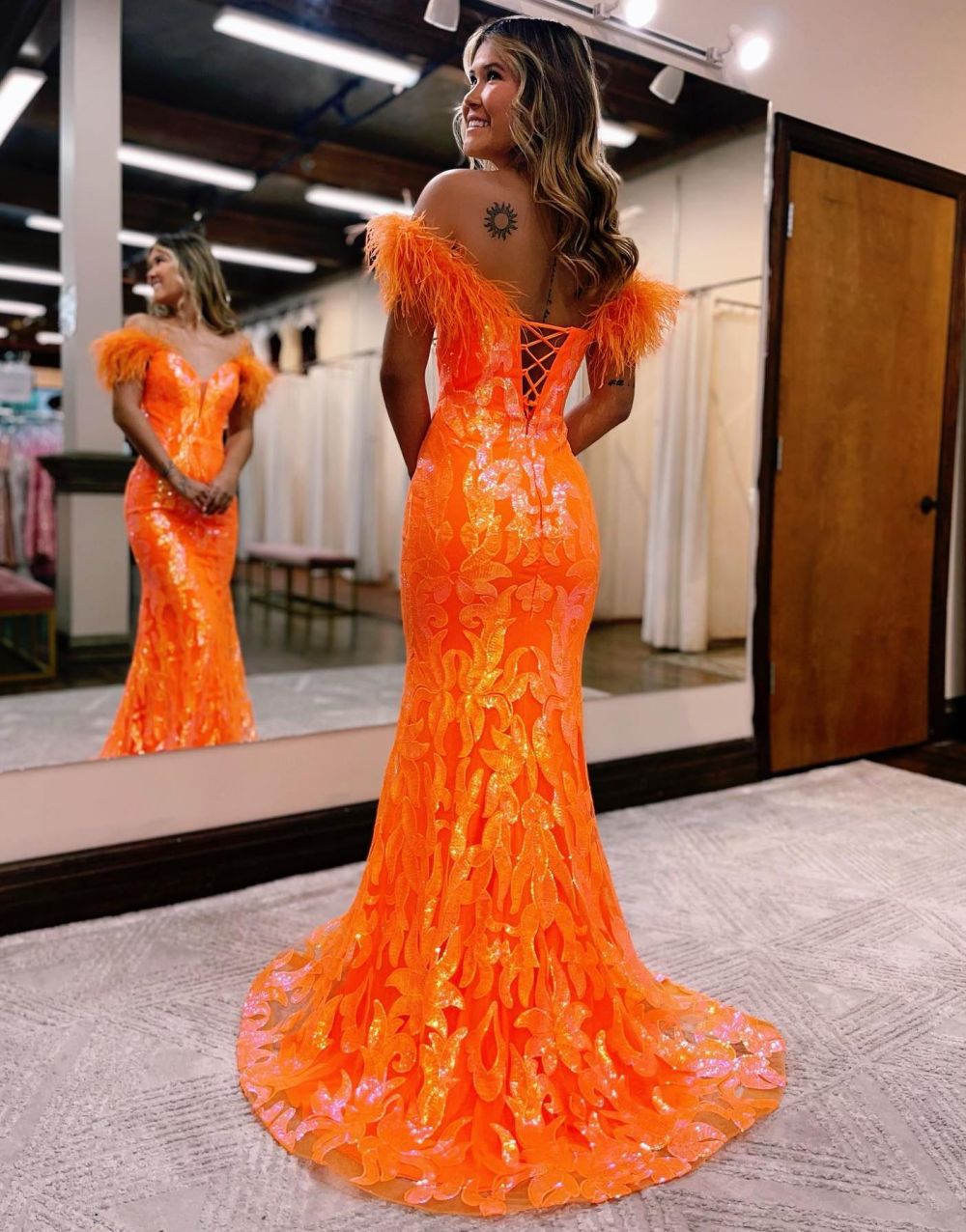 Gorgeous Mermaid Feather Off The Shoulder Prom Dress - Fashionpara