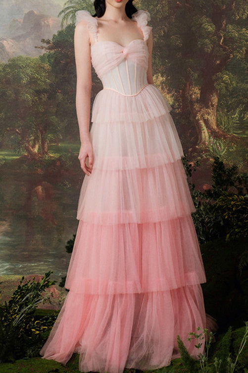 Ruffle-Strap Sweetheart Corset Tiered Tulle A-Line Gown