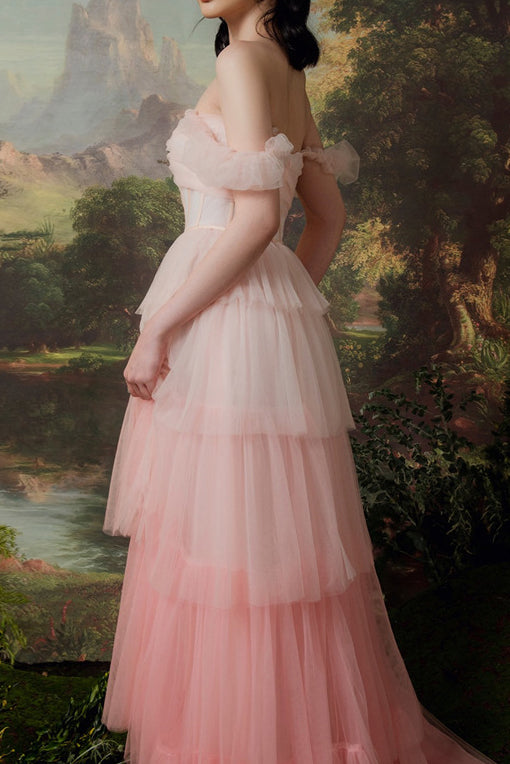 Ruffle-Strap Sweetheart Corset Tiered Tulle A-Line Gown 3