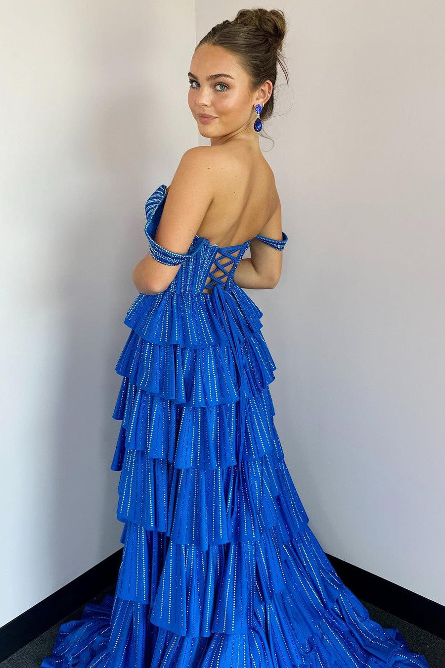 Gorgeous Royal Blue A-Line Off The Shoulder Long Beaded Prom Dress - Fashionpara