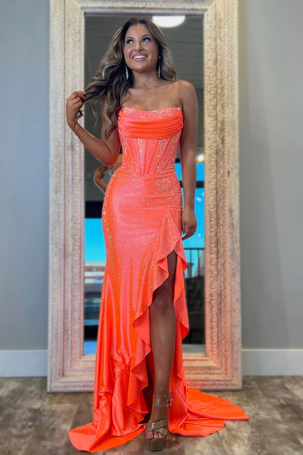 Light Blue Mermaid Strapless Lace Up Long Beaded Prom Dress with Leg Slit - Fashionpara
