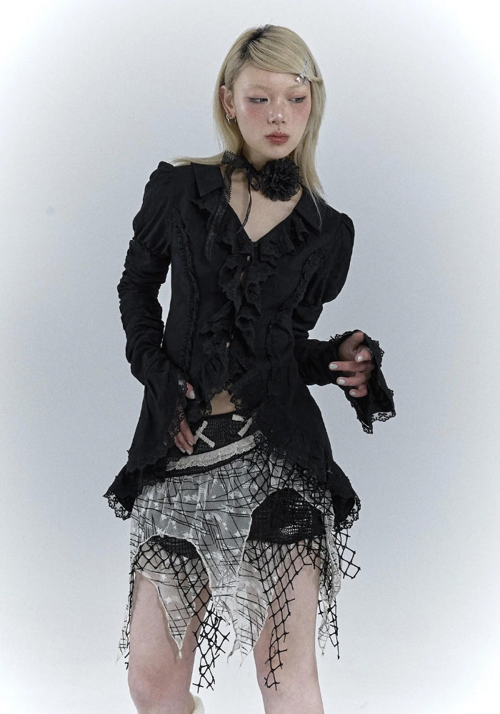 Goth Asymmetric Ruched Sleeve Blouse - Fashionpara