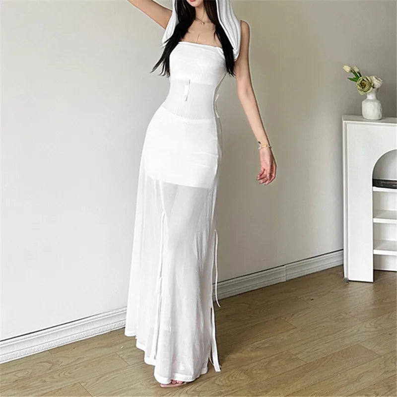 Sleeveless Cloaked Ribbon Net Full-Length Gown