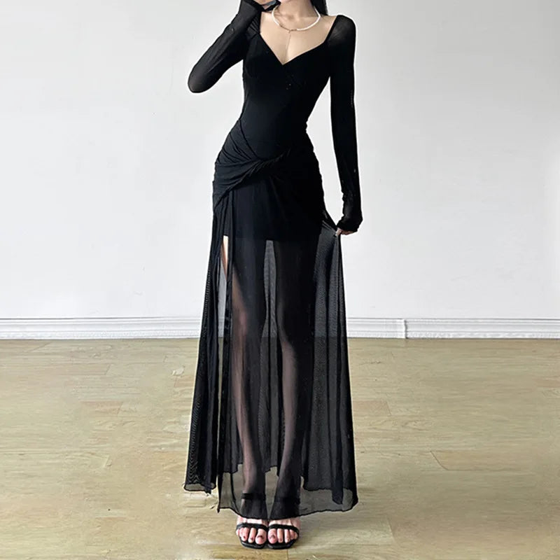 V-Neck Asymmetrical Hem Gothic Full-Length Dress