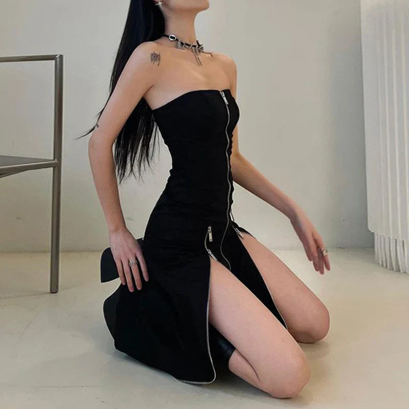 Technical Zip Up Split Ebony Midi Dress