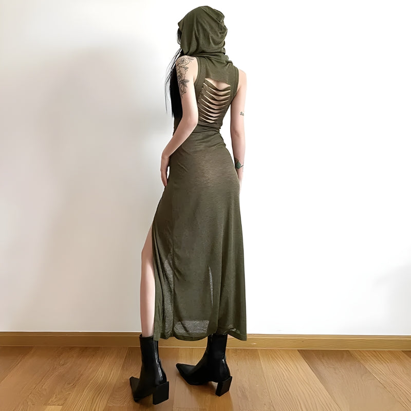 Jersey Hooded Sleeveless Double-Slit Maxi Dress 4