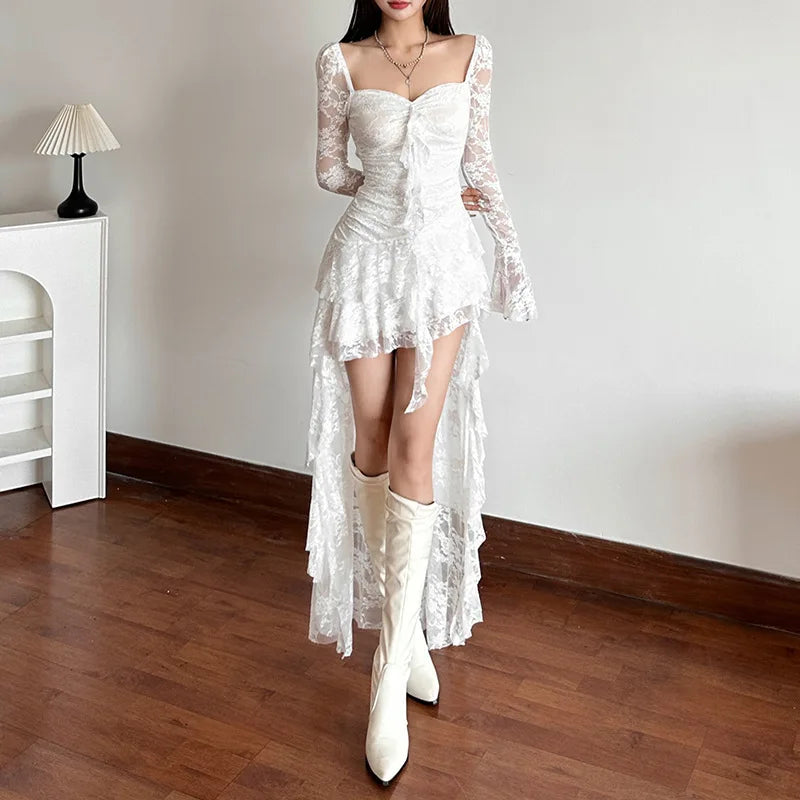 Lace Square-Neck Flared Sleeve High-Low Mini Dress