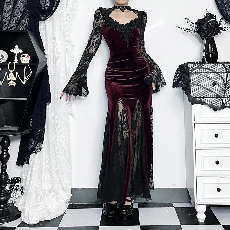 Flower Lace Mesh Transparent Long Dress