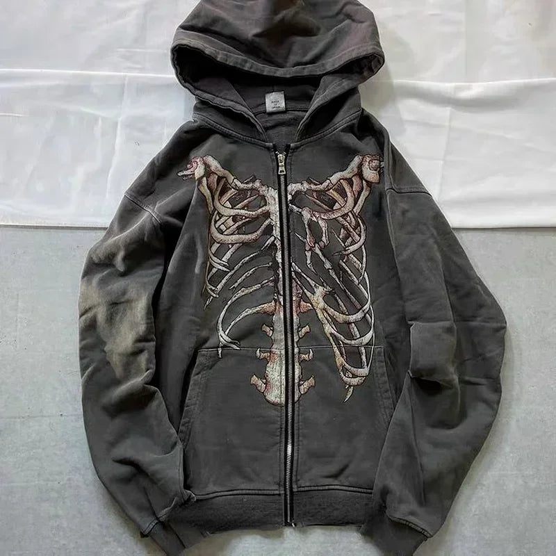 Vintage Skull Rose Print Hoodie