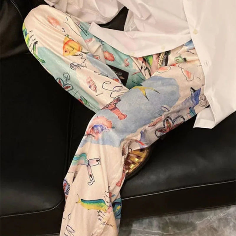 Graffiti Print Wide Leg Elastic High Waist Pant