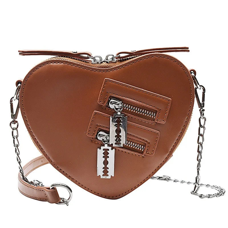 Gothic Heart Blade Zipper Chain Casual Summer Shoulder Handbag Crossbody Bag Brown Halloween