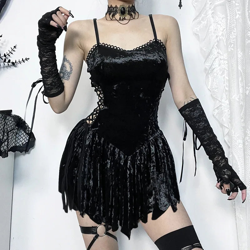 Crushed Velvet Lace-Up Handkerchief Hem Mini Dress 4