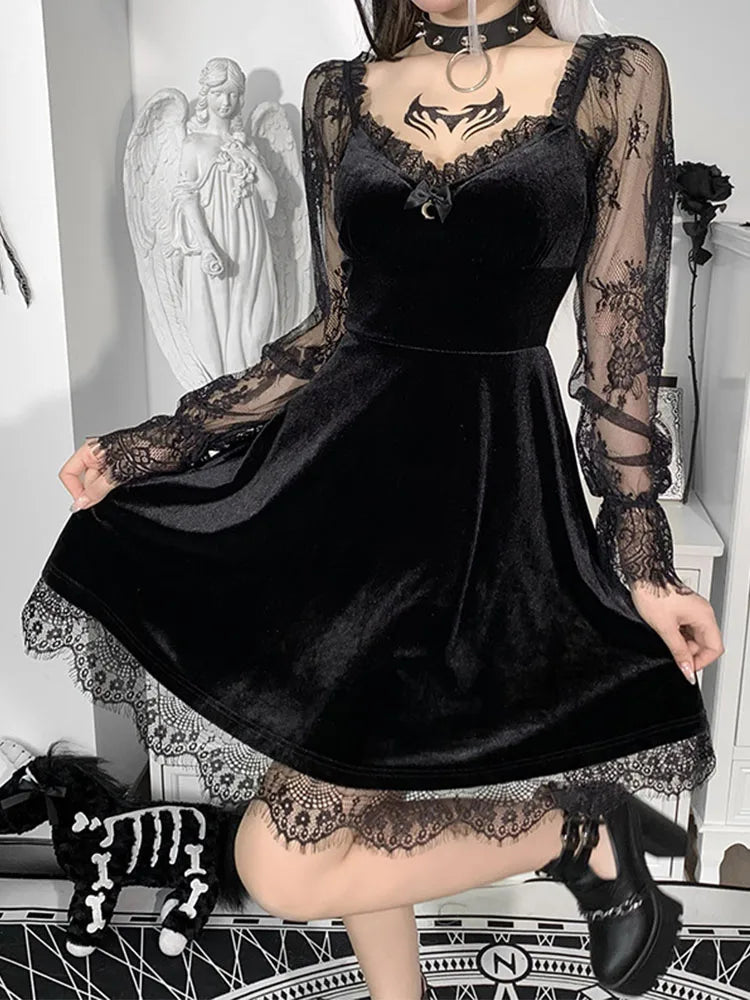 Velvet Lace Sleeve Sweetheart Neck A-Line Mini Dress