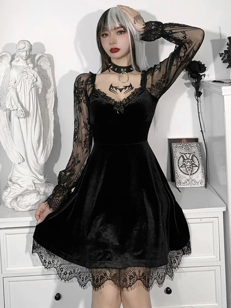 Velvet Lace Sleeve Sweetheart Neck A-Line Mini Dress 5