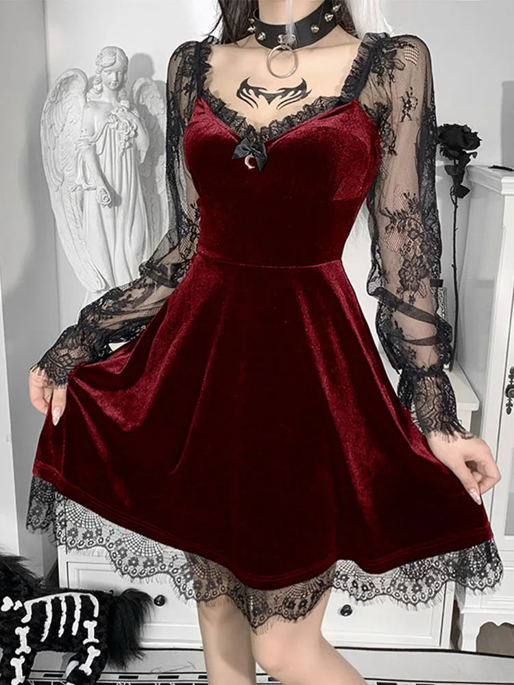 Velvet Lace Sleeve Sweetheart Neck A-Line Mini Dress 2