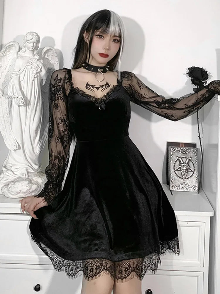 Velvet Lace Sleeve Sweetheart Neck A-Line Mini Dress 3