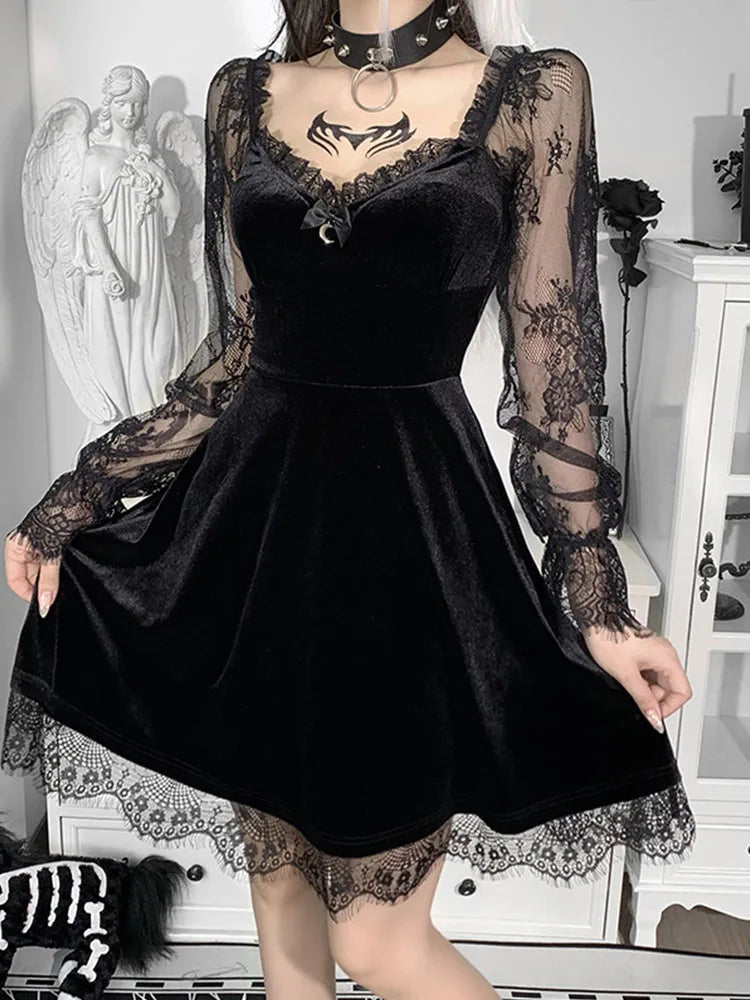 Velvet Lace Sleeve Sweetheart Neck A-Line Mini Dress 7