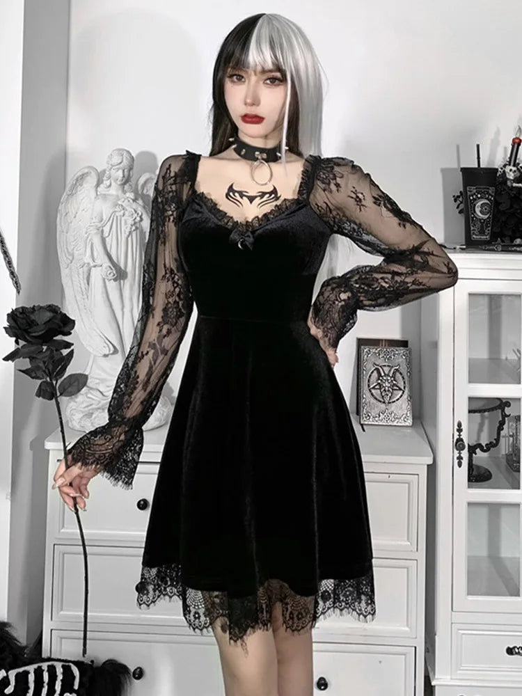 Velvet Lace Sleeve Sweetheart Neck A-Line Mini Dress 6
