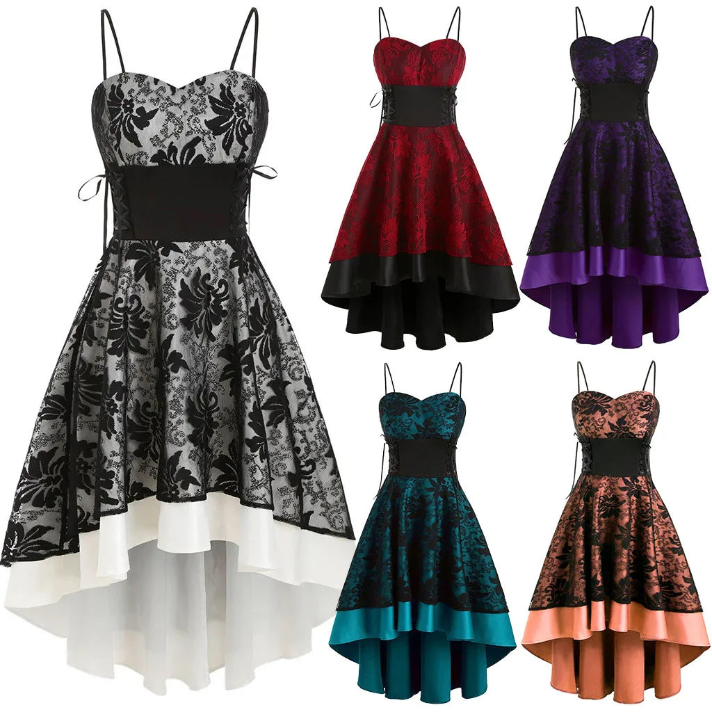 Floral Lace Spaghetti-Strap Lace-Up High-Low Dress