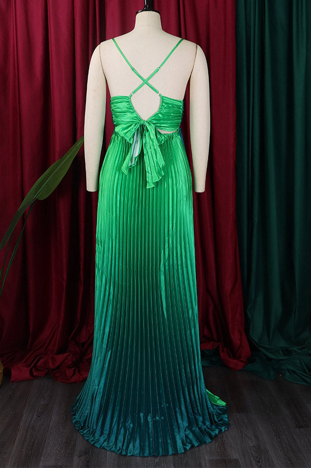 Ombre Pleated Sweetheart Spaghetti Strap Maxi Gown