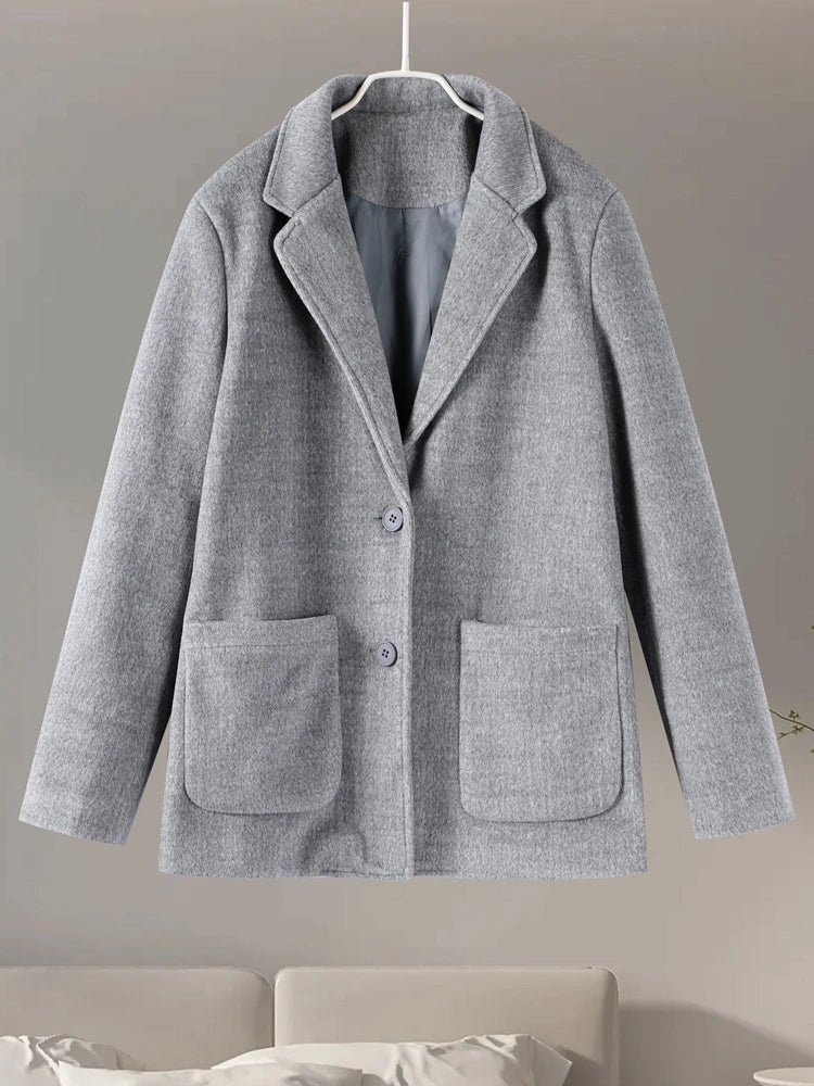 Gray Casual Wool Notched Button Up Overcoat