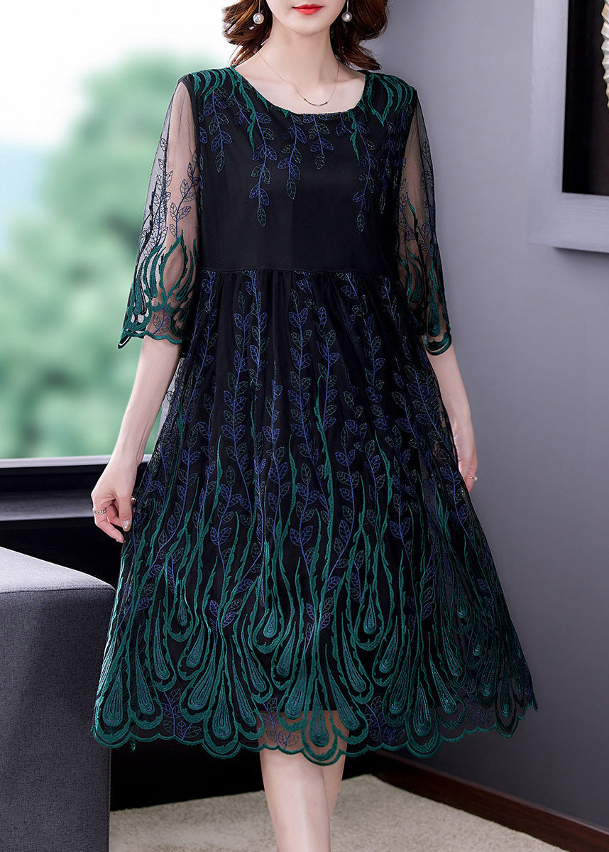 Mesh Crew Neck Three Quarter Sleeve Peacock Embroidery Midi Dress