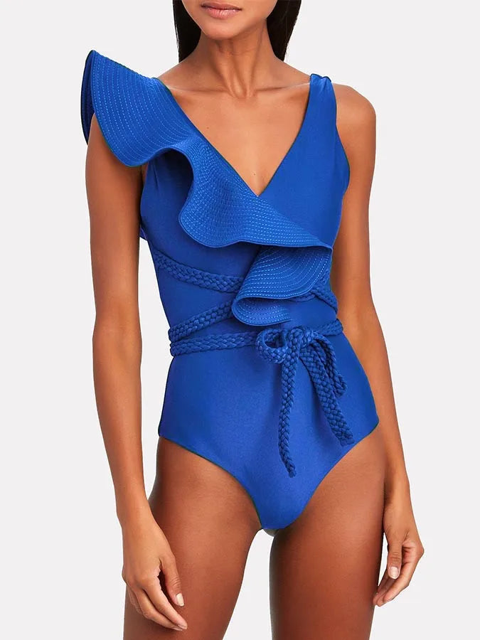 Green Ruffled Solid Monokini Swimsuit One Piece