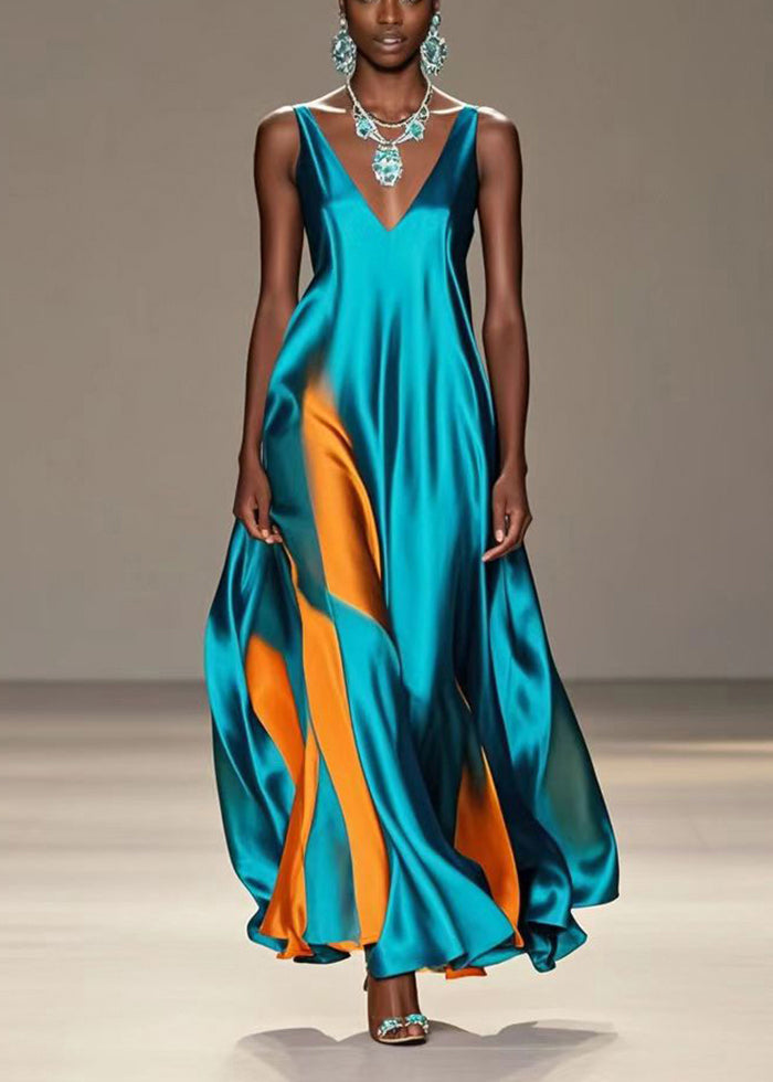 Satin Wave Panel Deep V-Neck Spaghetti Strap Flared Floor Length Gown - View 3