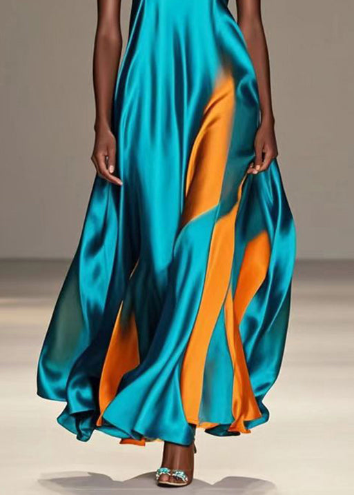 Satin Wave Panel Deep V-Neck Spaghetti Strap Flared Floor Length Gown - View 4