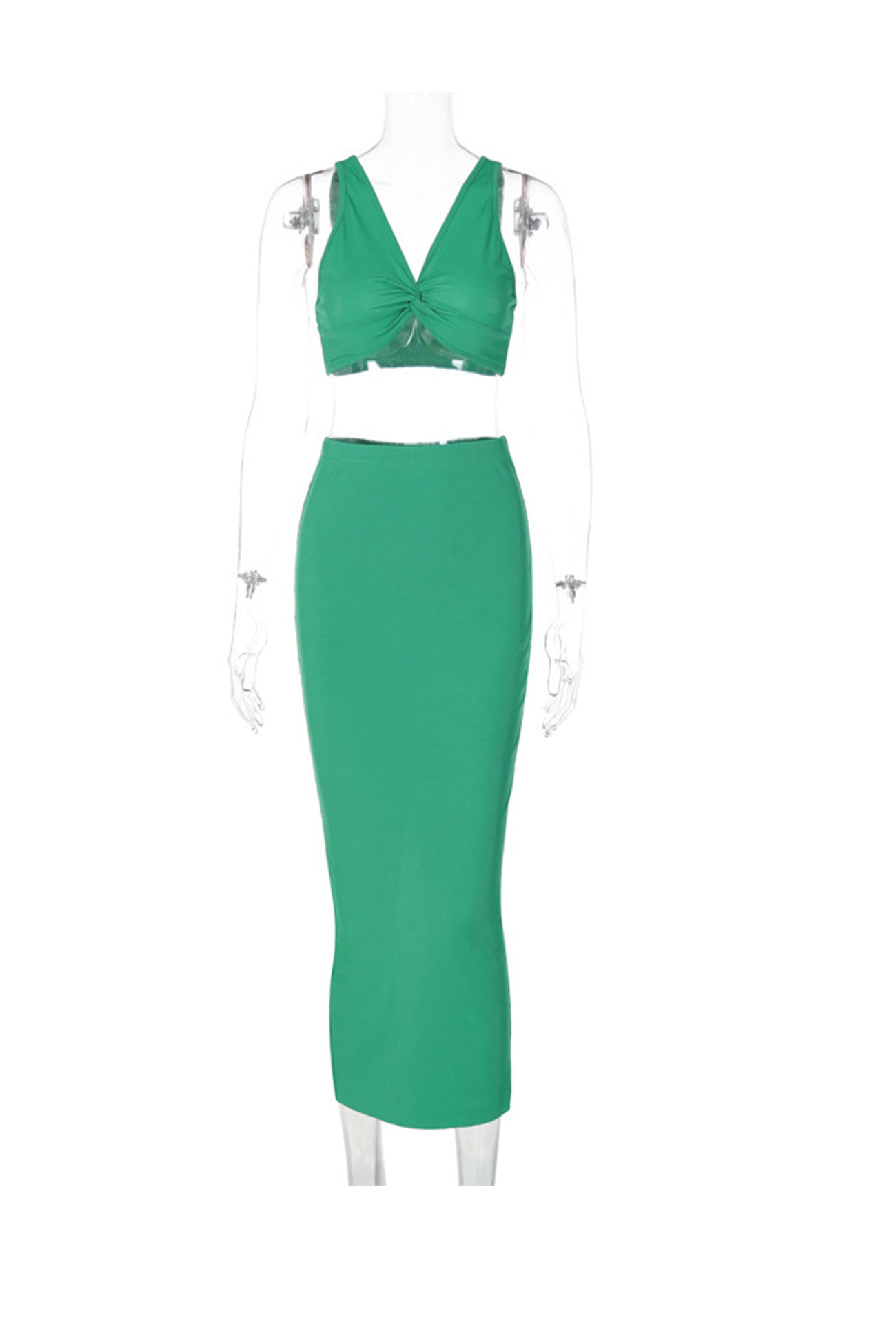 Green Twisted-front Tank Top Slit Midi Skirt Suits