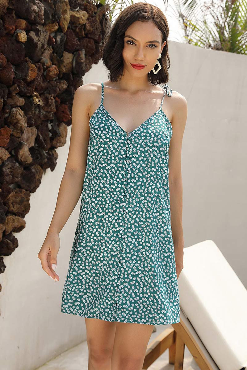 Green V-neck Tie Shoulder Printed Dress - Mislish