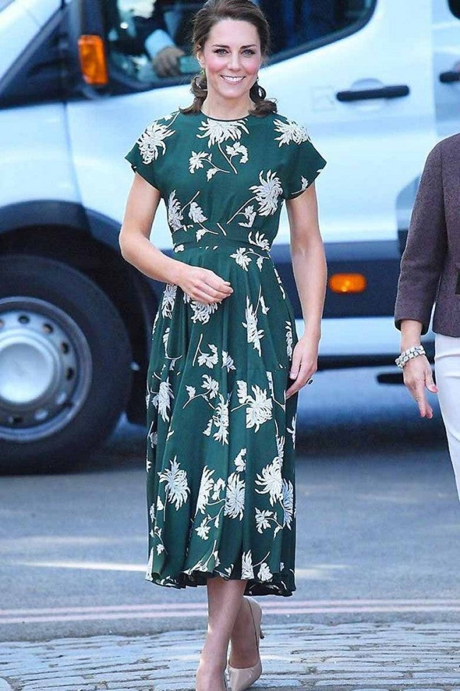 Green Dahlia-Print Kate Middleton Midi Dress