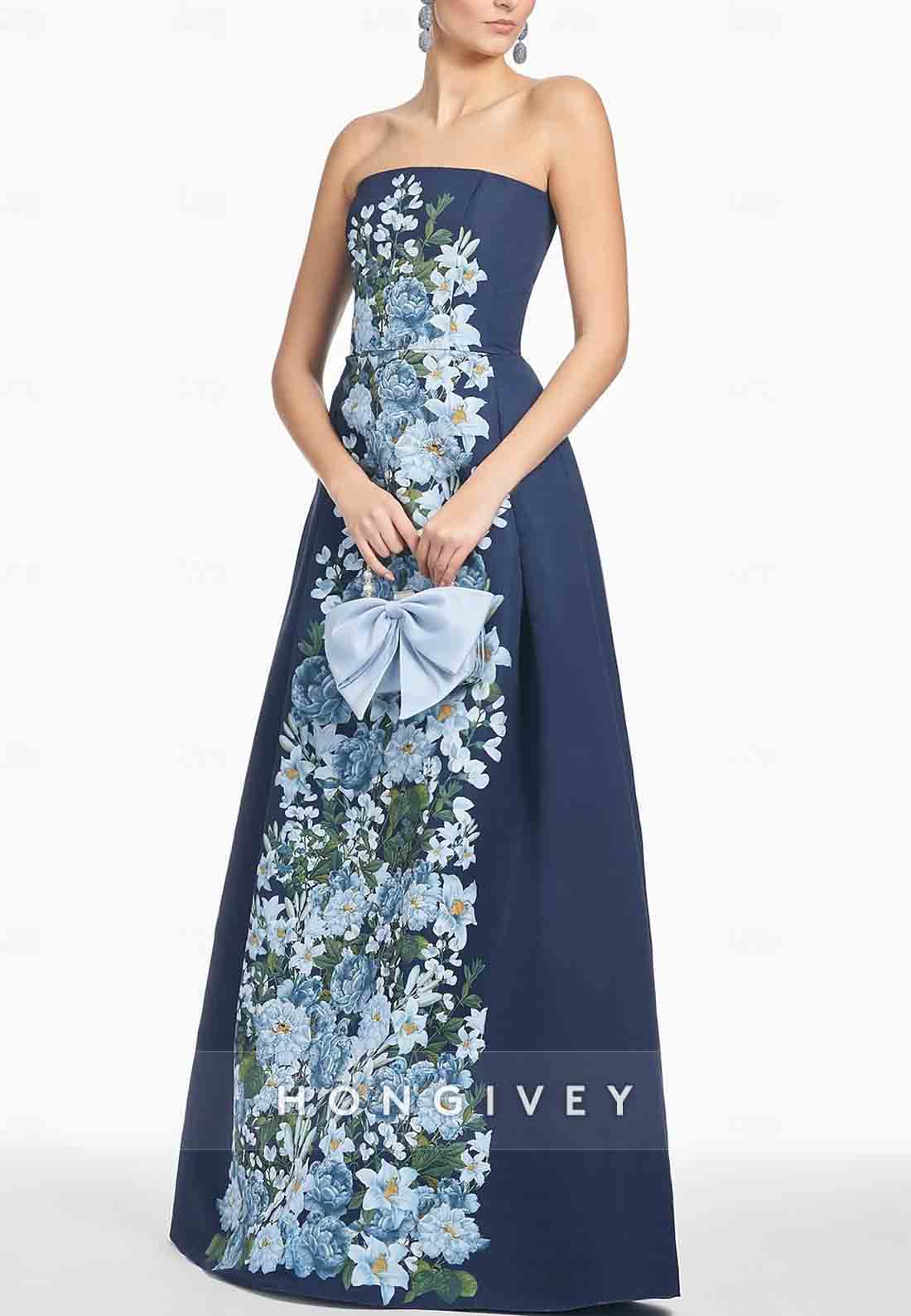 Floral A-Line Evening Gown Elegant Formal Wedding Floor-Length Strapless Satin