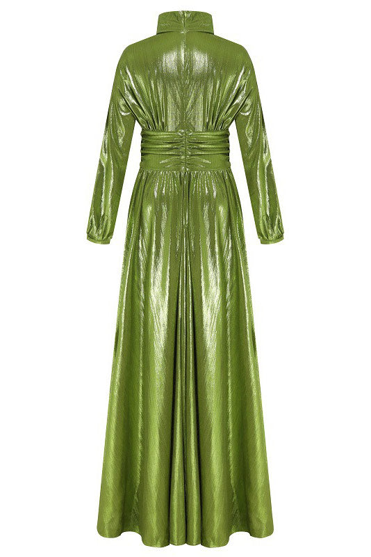 High-Neck Bishop Sleeve Keyhole High-Slit Maxi Gown