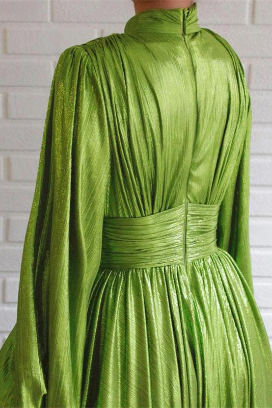 High-Neck Bishop Sleeve Keyhole High-Slit Maxi Gown