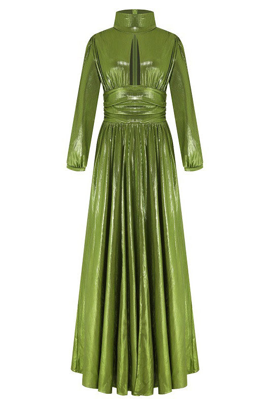 High-Neck Bishop Sleeve Keyhole High-Slit Maxi Gown