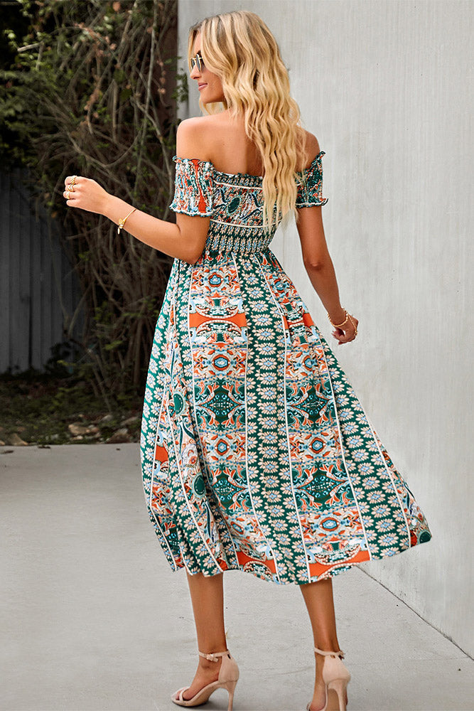 Green Print Boho Off Shoulder Midi Dress Fashionpara