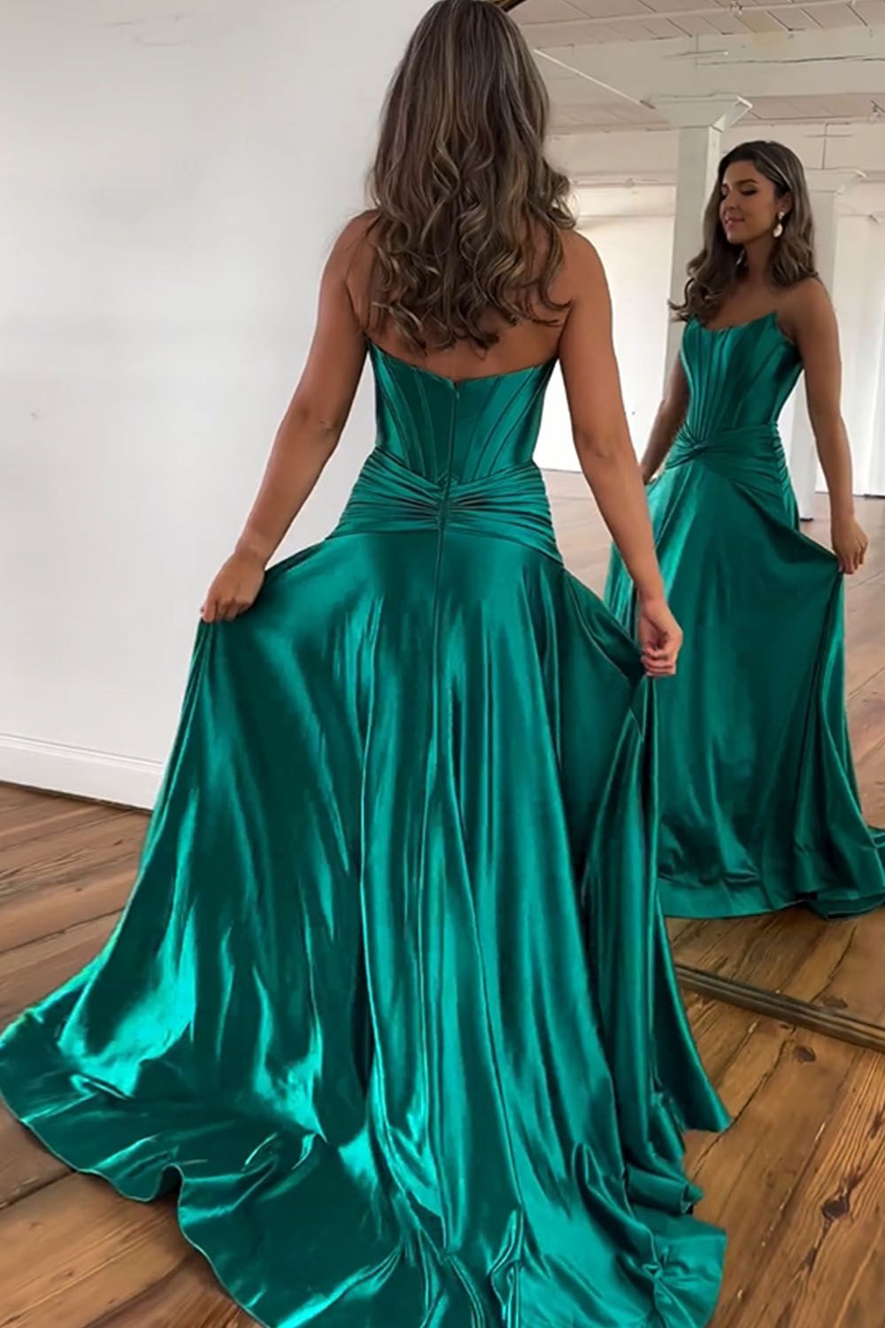 Green Strapless A-Line Long Satin Prom Party Dress With Split - Fashionpara