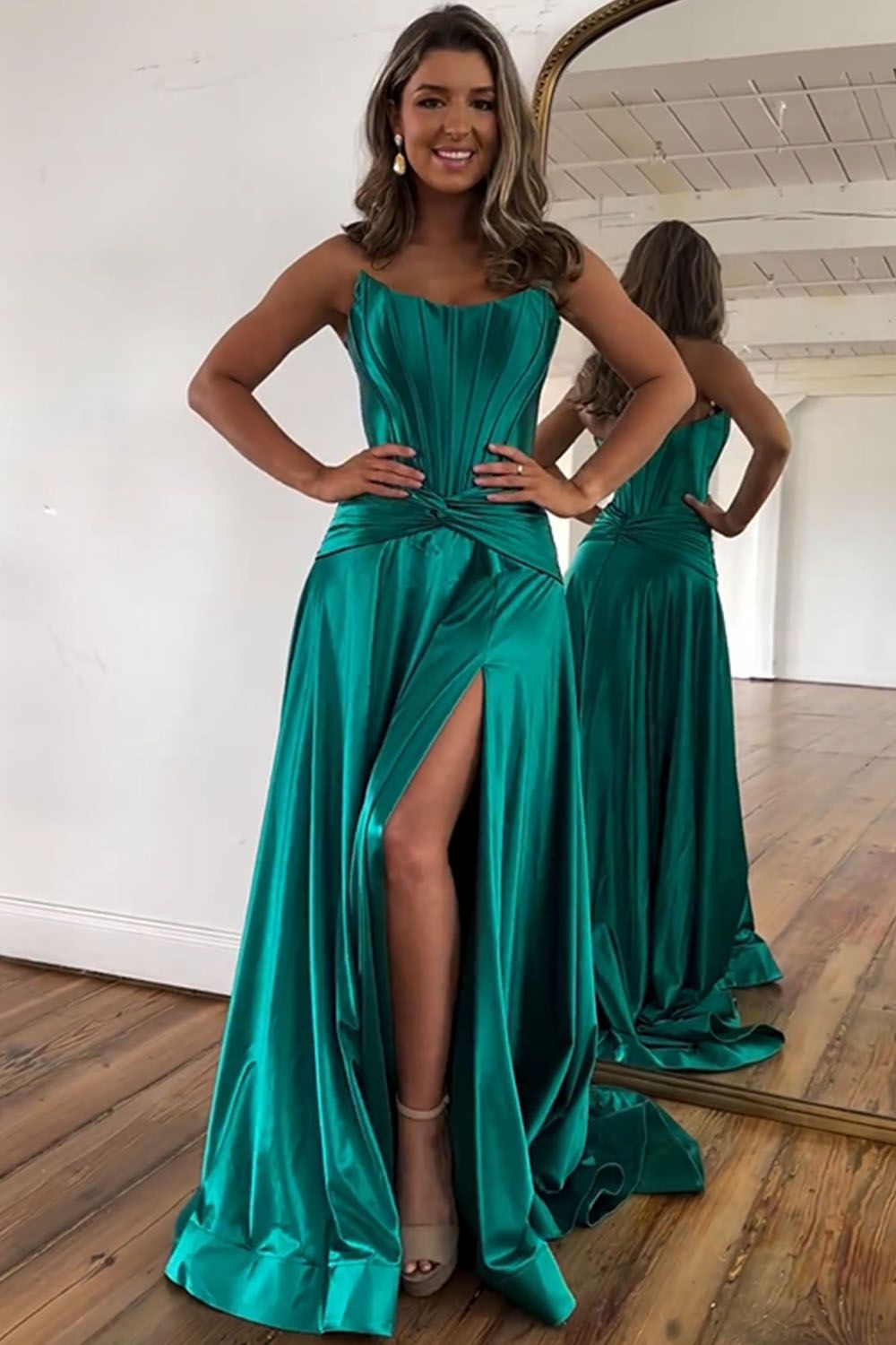Green Strapless A-Line Long Satin Prom Party Dress With Split - Fashionpara