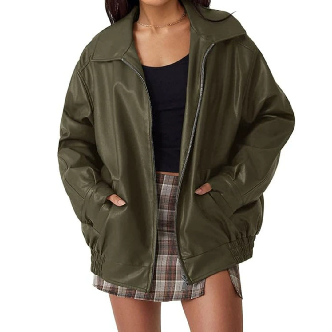 Oversized Spread Collar Zip Front Faux Leather Bomber Jacket 3