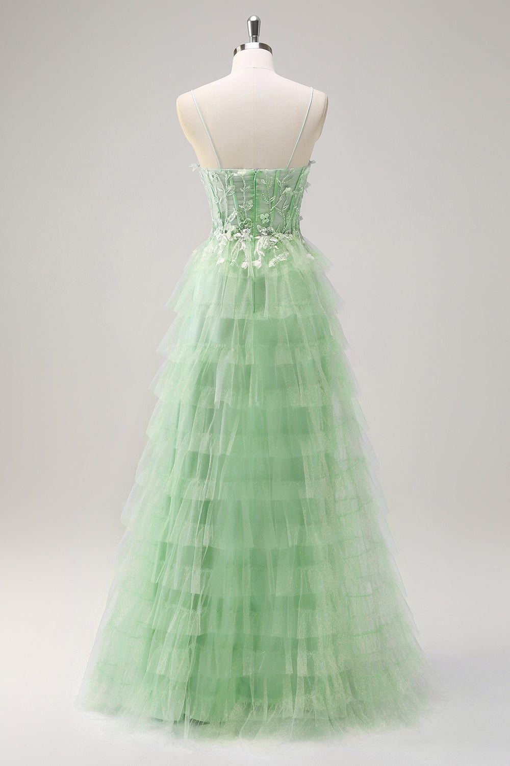 Light Blue Spaghetti Straps A-Line Tulle Tiered Long Corset Prom Dress with Slit