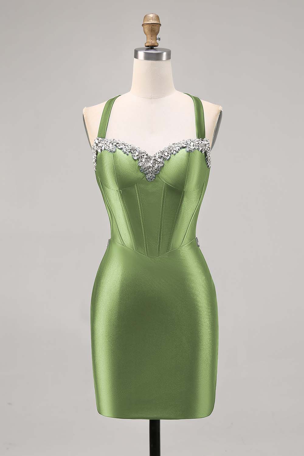 Sparkly Dark Green Corset Tight Satin Short Homecoming Dress with Beading