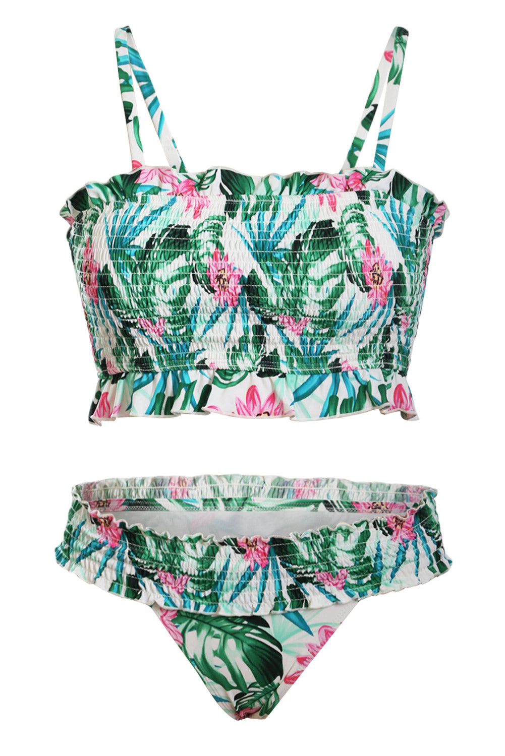 Green Cute Floral Patterned Smocked Bikini Set