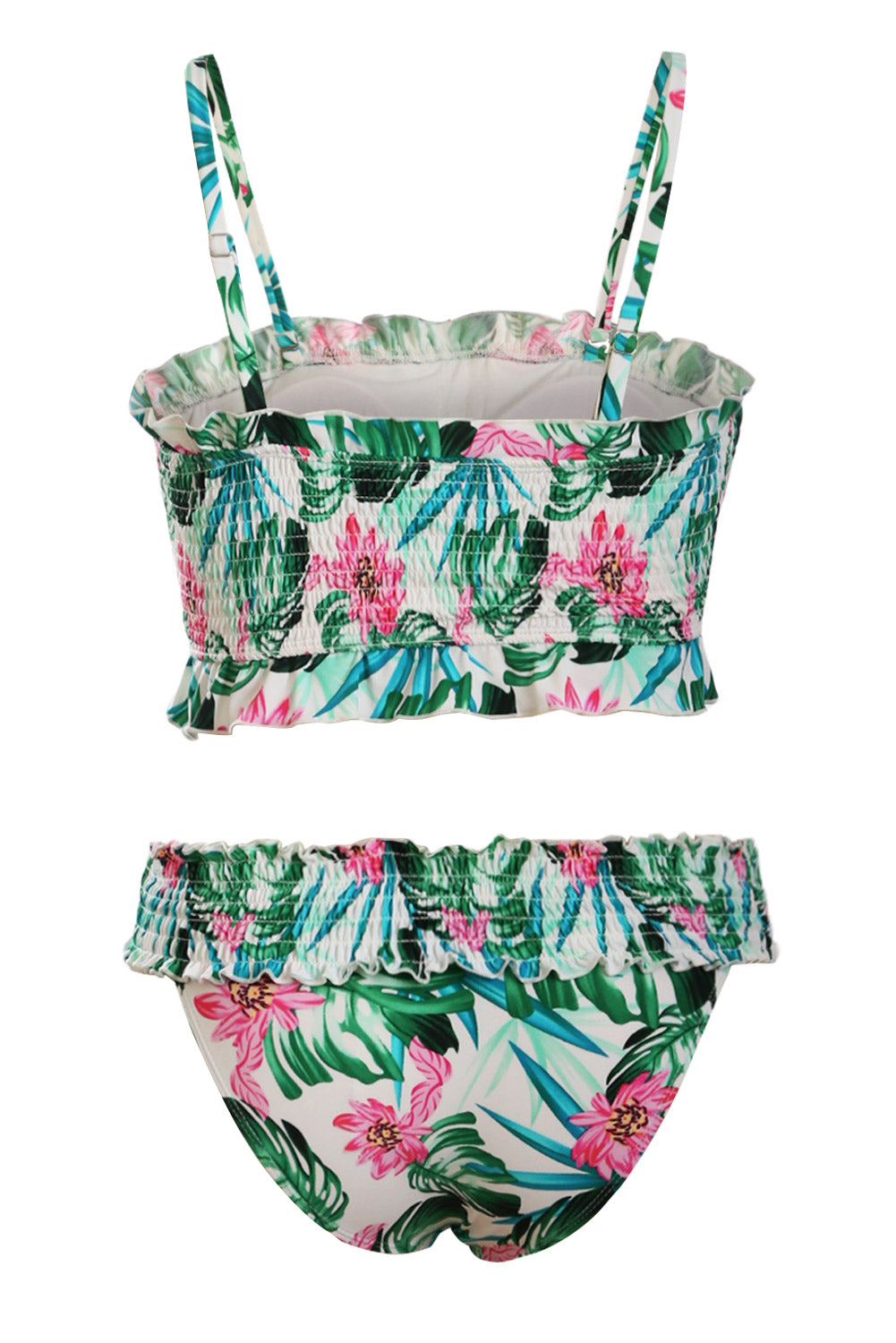 Green Cute Floral Patterned Smocked Bikini Set