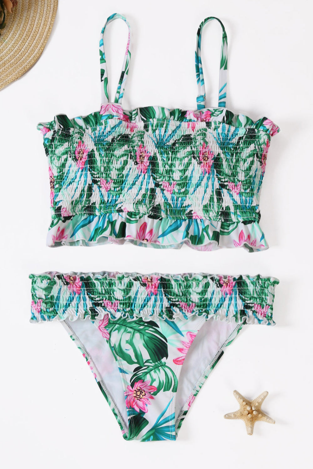 Green Cute Floral Patterned Smocked Bikini Set